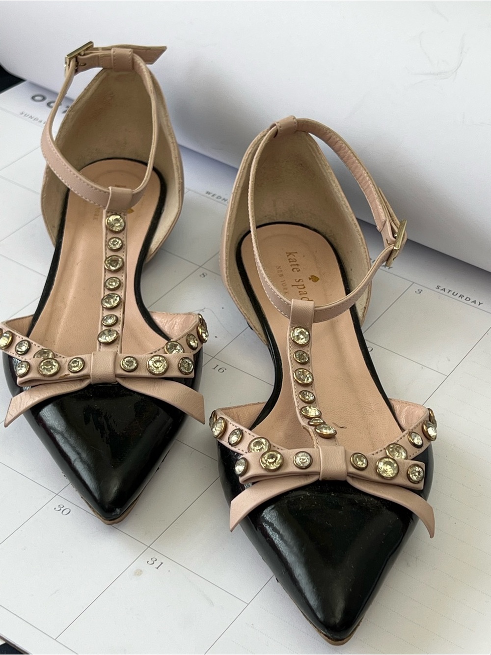 kate spade Black Patent & Blush T-Strap Pointed Flats with Crystal Studs